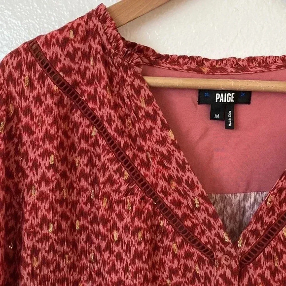Paige M Like New Doris Red Orange Metallic Fringe Neck Button Down Blouse - Picture 5 of 12